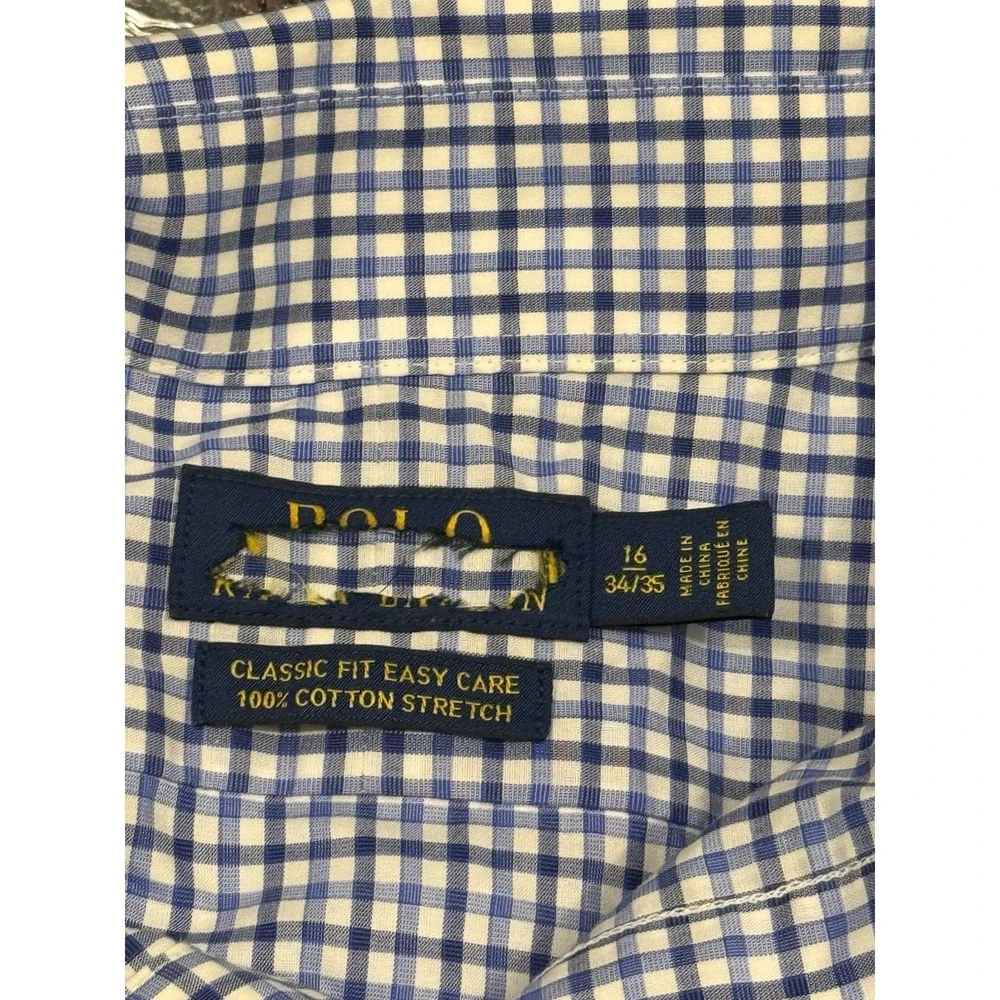 Polo Ralph Lauren Mens 16.5 34/35 Blue Gingham Classic Fit Easy Care Shirt